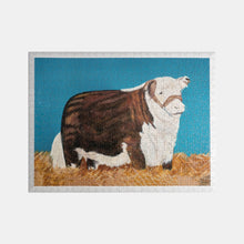 Load image into Gallery viewer, 500 piece Dick&#39;s Drive-In Steer painting completed puzzle. Brown and white steer standing in hay with blue sky background 
