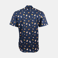 Load image into Gallery viewer, Back of navy blue short sleeve button up shirt with all over burger, fry, and milkshake pattern
