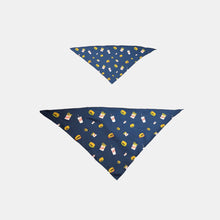 Load image into Gallery viewer, Navy blue pet bandana with all over burger, fry, and milkshake pattern in small and large size
