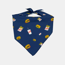 Load image into Gallery viewer, Navy blue pet bandana with all over burger, fry, and milkshake pattern
