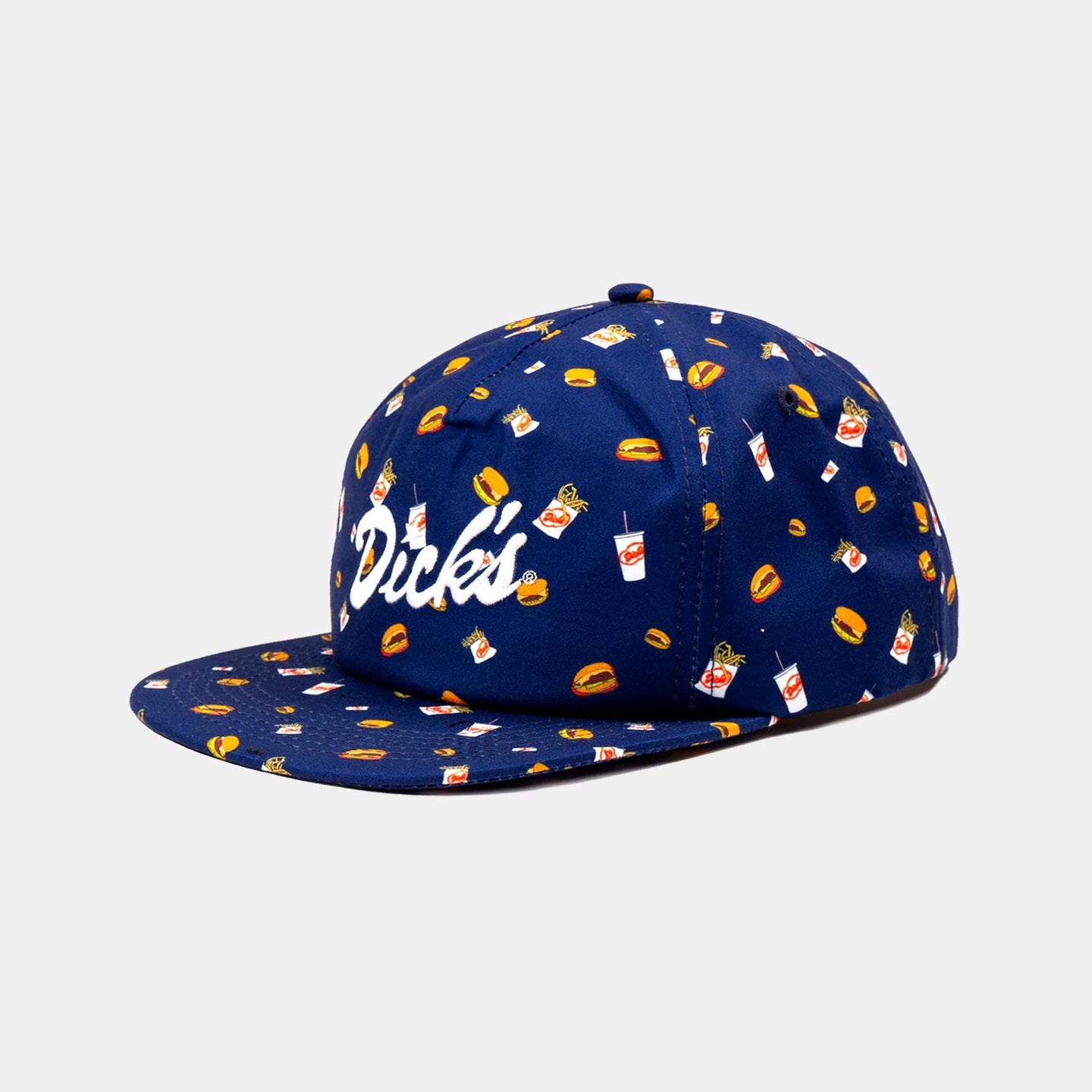 Side view navy blue snapback hat with all over burger, fry, and milkshake pattern and white DDIR 