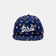 Load image into Gallery viewer, Front view navy blue snapback hat with all over burger, fry, and milkshake pattern and white DDIR &quot;Dick&#39;s&quot; embroidered script
