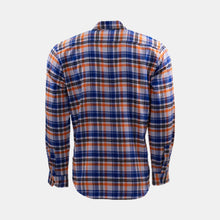 Load image into Gallery viewer, Back view long sleeve button up flannel in blue, orange, white and black plaid
