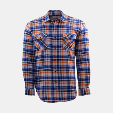Long sleeve button up flannel in blue, orange, white and black plaid with woven Dick's orange cloud logo on front left pocket