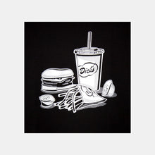 Load image into Gallery viewer, Close up detail of graphic white Dick&#39;s Drive-In burger fry, shake and condiments design
