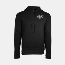 Load image into Gallery viewer, Black long sleeve hoodie sweatshirt with white Dick&#39;s Drive-In cloud logo on front left chest and kangaroo front pocket
