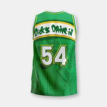 Load image into Gallery viewer, Green, yellow, white basketball jersey with graffiti graphics and text &quot;Dick&#39;s Drive -in 54&quot; on back 
