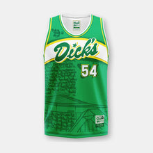 Load image into Gallery viewer, Green, yellow, white basketball jersey with graffiti graphics and text &quot;Dick&#39;s 54&quot; on front 
