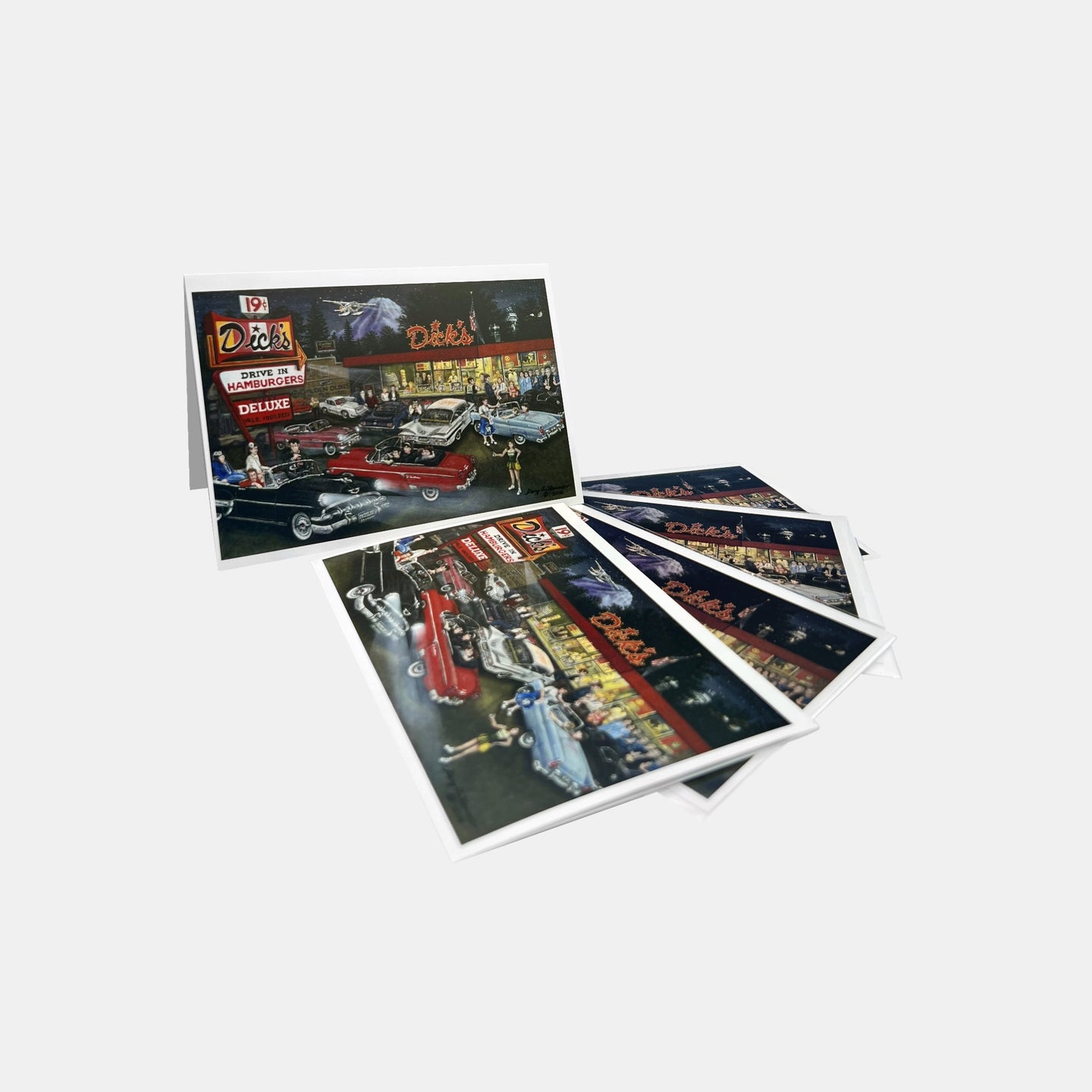 Pack of 5 greeting cards showing a painting of Dick's Drive-In memorabilia 