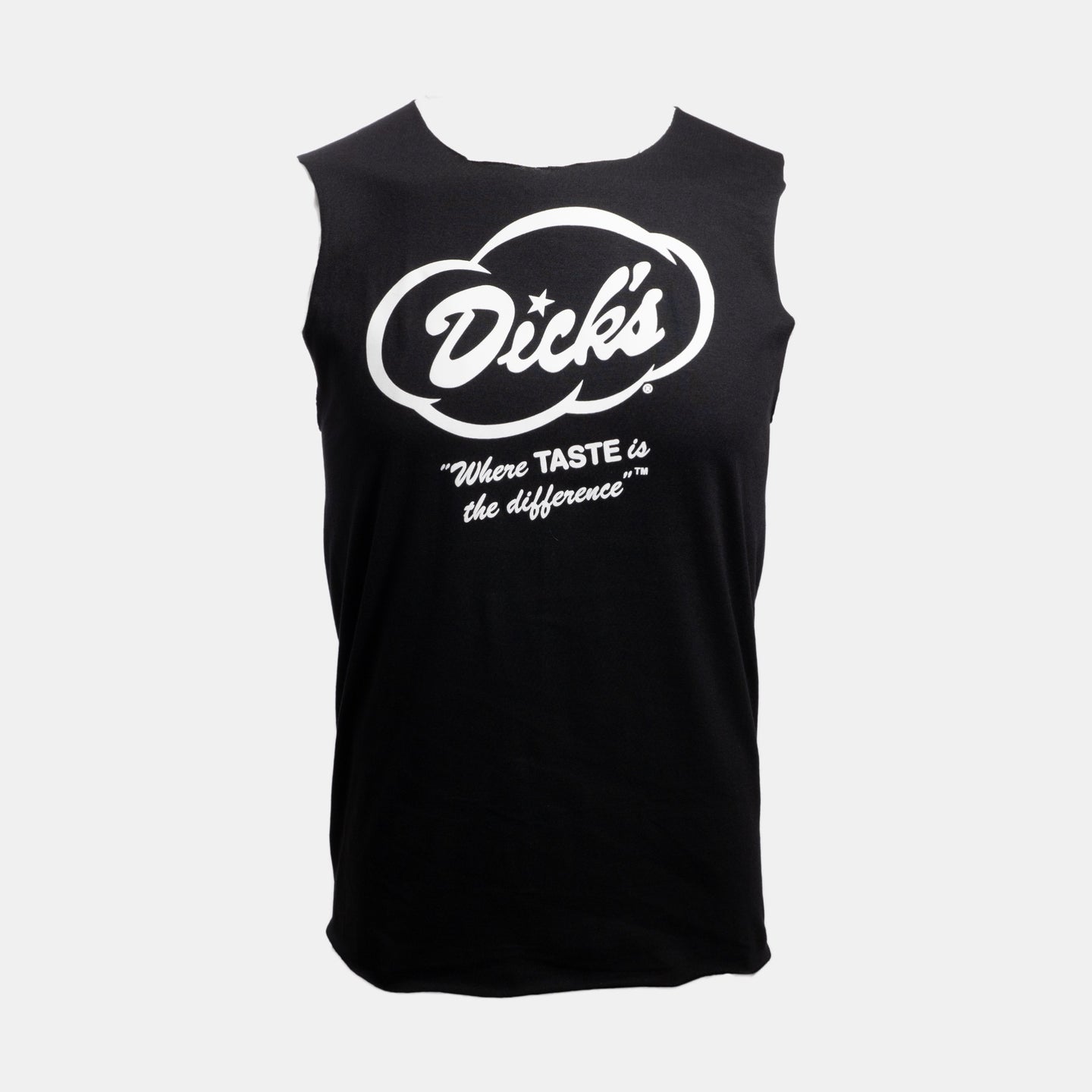 Black sleeveless tee with cut out neck, white Dick's Drive-In cloud logo and 