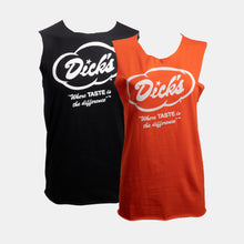 Load image into Gallery viewer, 1 orange &amp; 1 black sleeveless tees with white Dick&#39;s Drive-In cloud logo and &quot;Where taste is the difference&quot; tagline on front
