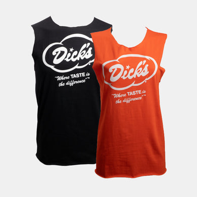 1 orange & 1 black sleeveless tees with white Dick's Drive-In cloud logo and 