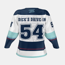 Load image into Gallery viewer, White, navy and light blue Dick&#39;s Drive-In hockey jersey with &quot;Dick&#39;s Drive-In 54&quot; and &quot;A Seattle Legend since 1954&quot; on back
