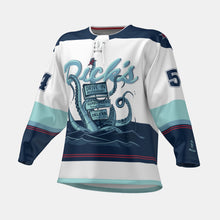 Load image into Gallery viewer, White, navy and light blue Dick&#39;s Drive-In hockey jersey with tentacle and pylon sign graphic on front with red accents
