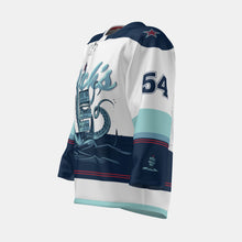 Load image into Gallery viewer, Left side view white, navy and light blue Dick&#39;s Drive-In hockey jersey with red star on shoulder and &quot;54&quot; on sleeve
