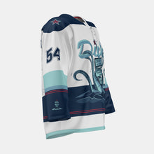 Load image into Gallery viewer, Right side view white, navy and light blue Dick&#39;s Drive-In hockey jersey with red star on shoulder and &quot;54&quot; on sleeve
