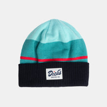 Load image into Gallery viewer, Front view navy, teal &amp; light blue color block beanie with red accent stripe with white &quot;Dick&#39;s Drive-In&quot; patch sewn on front
