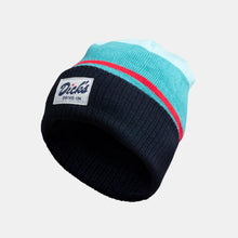Load image into Gallery viewer, Side view navy, teal &amp; light blue color block beanie with red accent stripe with white &quot;Dick&#39;s Drive-In&quot; patch sewn on front
