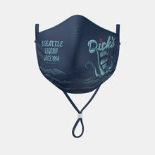 Load image into Gallery viewer, Front view navy face mask with lighter blue Dick&#39;s legend&#39;s script, tentacle and pylon sign graphic with red star accent
