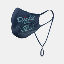 Load image into Gallery viewer, Left side navy face mask with lighter blue &quot;Dick&#39;s&quot; script, tentacle and pylon sign graphic with red star accent
