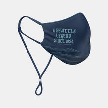 Load image into Gallery viewer, Right side navy face mask with lighter blue text &quot;A Seattle legend since 1954&quot; 
