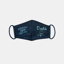 Load image into Gallery viewer, Front view navy face mask with lighter blue Dick&#39;s legend&#39;s script, tentacle and pylon sign graphic 
