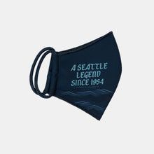 Load image into Gallery viewer, Right side navy face mask with lighter blue text &quot;A Seattle legend since 1954&quot; 
