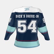 Load image into Gallery viewer, White, navy and light blue Dick&#39;s Drive-In hockey jersey with &quot;Dick&#39;s Drive-In 54&quot; and &quot;A Seattle Legend since 1954&quot; on back
