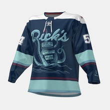 Load image into Gallery viewer, White, navy and light blue Dick&#39;s Drive-In hockey jersey with tentacle and pylon sign graphic on front with red accents
