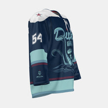 Load image into Gallery viewer, Right side view white, navy and light blue Dick&#39;s Drive-In hockey jersey with red star on shoulder and &quot;54&quot; on sleeve
