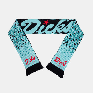 Dick's Drive-In navy,light blue reversible woven scarf with square tile pattern on one side and Dick's script on the other