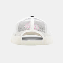 Load image into Gallery viewer, Back view white trucker hat with white plastic snapback closure
