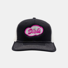Load image into Gallery viewer, Front view white and black trucker hat with white stitching and magenta &quot;Dick&#39;s&quot; Drive-In cloud logo on front
