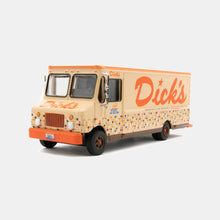 Load image into Gallery viewer, Left side view toy Dick&#39;s Drive-In Food Truck. Tan with brown and orange tiles on bottom and &quot;Dick&#39;s&quot;script on side and hood
