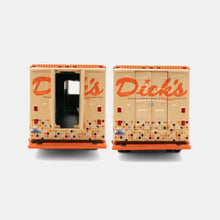 Load image into Gallery viewer, Back view toy Dick&#39;s Drive-In Food Truck tan w/ brown/orange tiles on bottom &amp; &quot;Dick&#39;s&quot; script on top. Rear doors open&amp;close
