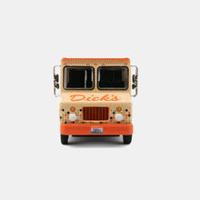 Load image into Gallery viewer, Front view toy Dick&#39;s Drive-In Food Truck tan w/ brown/orange tiles on bottom &amp; &quot;Dick&#39;s&quot; script on hood and Steer1 license
