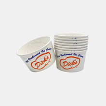 Load image into Gallery viewer, Stack of white paper ice cream cups with blue &quot;old fashioned ice cream&quot; script and orange &quot;Dick&#39;s&quot; cloud logo
