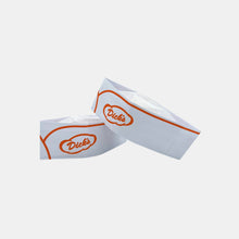 Load image into Gallery viewer, 2 retro style white paper hats with orange detail striping and orange &quot;Dick&#39;s&quot; cloud logo
