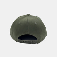 Load image into Gallery viewer, Back view olive green hat with olive  plastic snapback closure
