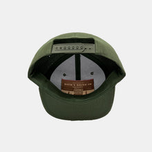 Load image into Gallery viewer, Inside view olive snapback hat with hidden pocket in cap. &quot;Welcome to Dick&#39;s Drive-In Country&quot; in tan/brown on pocket
