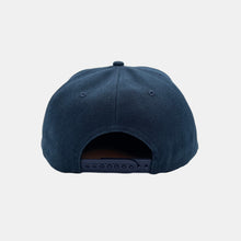 Load image into Gallery viewer, Back view navy blue hat with navy plastic snapback closure
