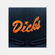Load image into Gallery viewer, Detail view of  embroidered orange &quot;Dick&#39;s&quot; script with navy laces and navy Dick&#39;s cloud logo metal clip
