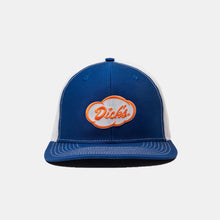Load image into Gallery viewer, Blue front, white back trucker hat with white stitching. White and orange &quot;Dick&#39;s&quot; cloud logo embroidered patch on front
