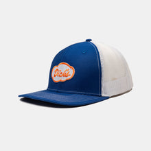 Load image into Gallery viewer, Blue front, white back trucker hat with white stitching. White and orange &quot;Dick&#39;s&quot; cloud logo embroidered patch on front
