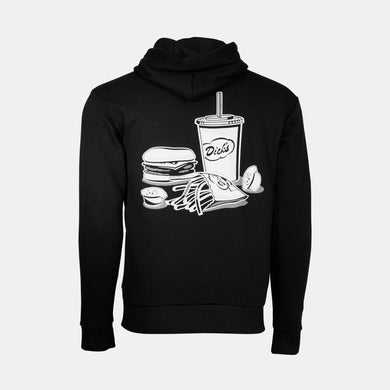 Black long sleeve hoodie sweatshirt with graphic white Dick's Drive-In burger fry, shake and condiments design on back