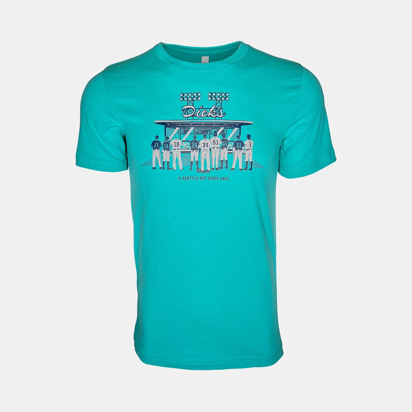 Teal t-shirt w/ navy/gray graphic of 9 baseball players facing the Dick's Drive-In window & A Seattle Hit Since 1954 tagline