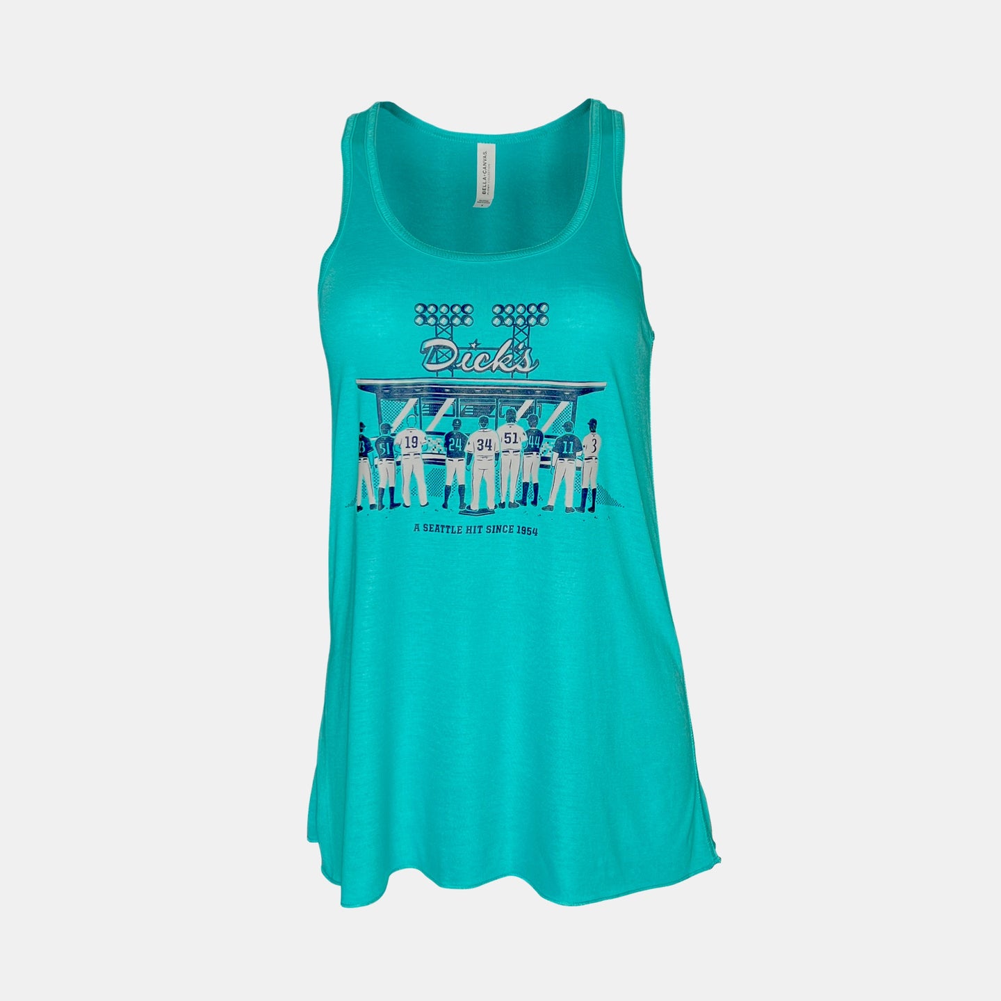 Teal tank w/ navy/gray graphic of 9 baseball players facing the Dick's Drive-In window & A Seattle Hit Since 1954 tagline