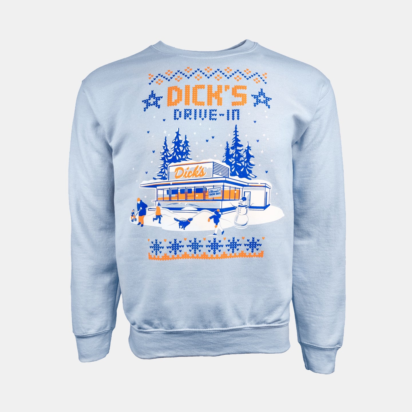Light blue crewneck sweatshirt with orange, blue & white graphic of snow day scene in front of Dick's Drive-In restaurant
