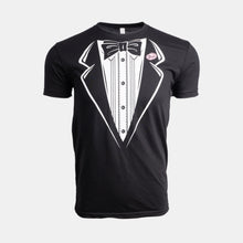 Load image into Gallery viewer, Black t-shirt with black and white tuxedo graphic on front. Pink Dick&#39;s Drive-In cloud logo on left &quot;lapel&quot;

