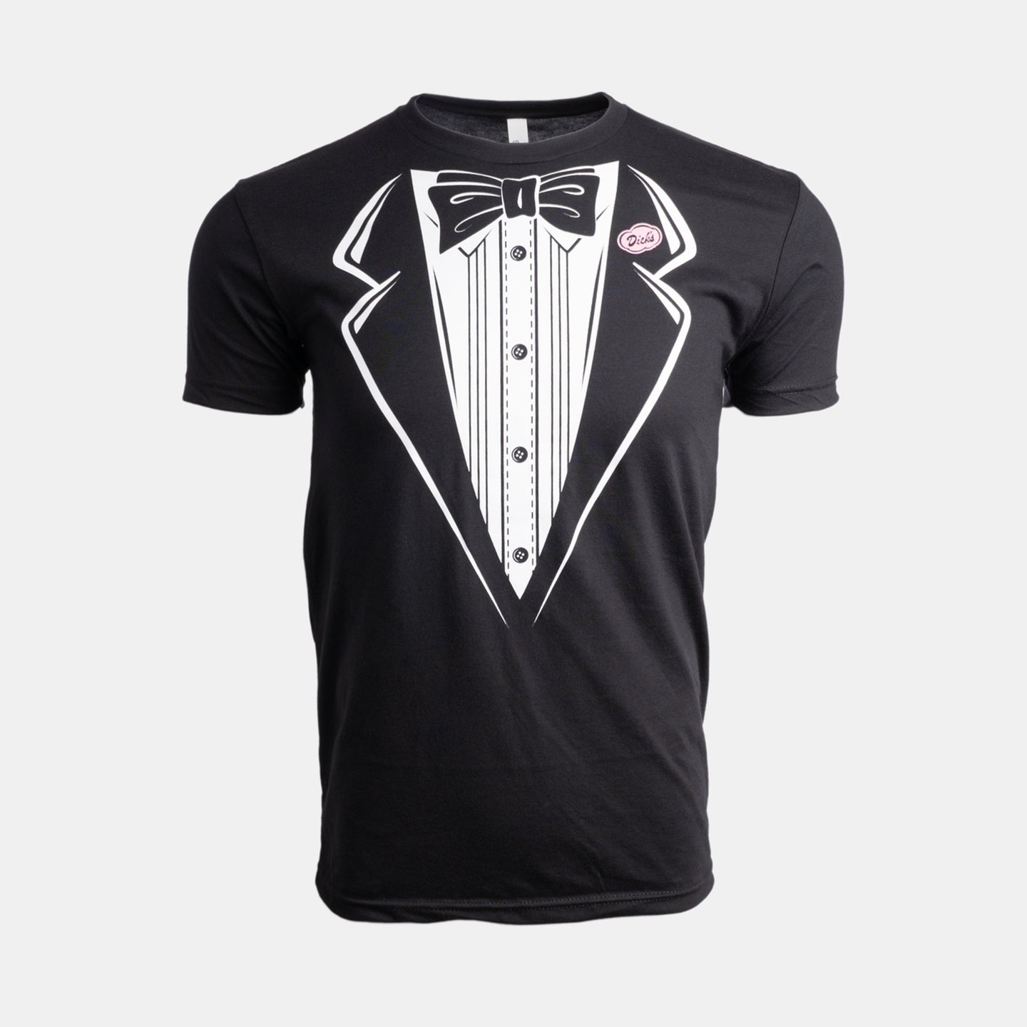 Black t-shirt with black and white tuxedo graphic on front. Pink Dick's Drive-In cloud logo on left 